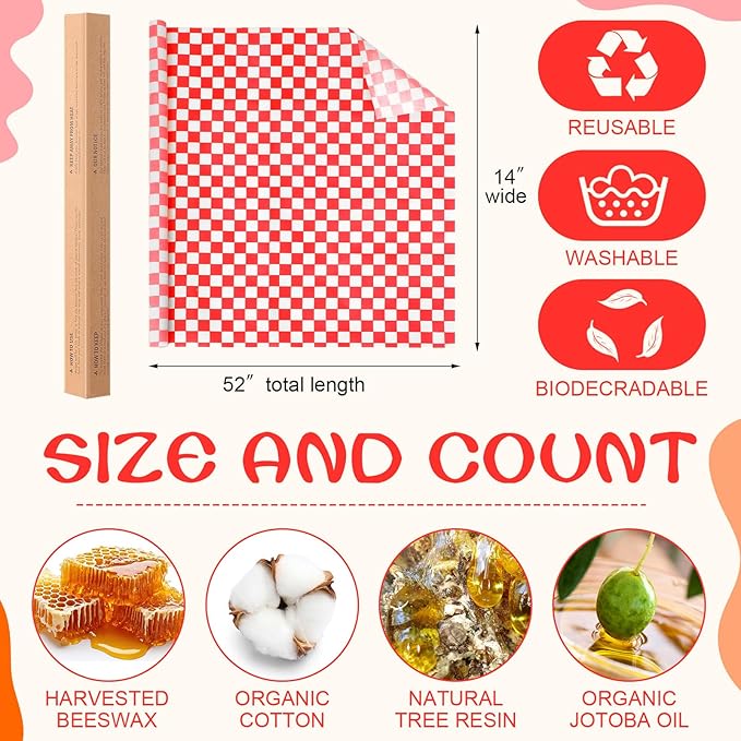 Beeswax Wraps for Food 14x52" Beeswax Food Wraps Reusable Wax Paper Roll Waxed Paper & Bowl Covers Organic & Sustainable Alternative to Aluminum Foil & Plastic Wrap Honeycomb Classic Checkered