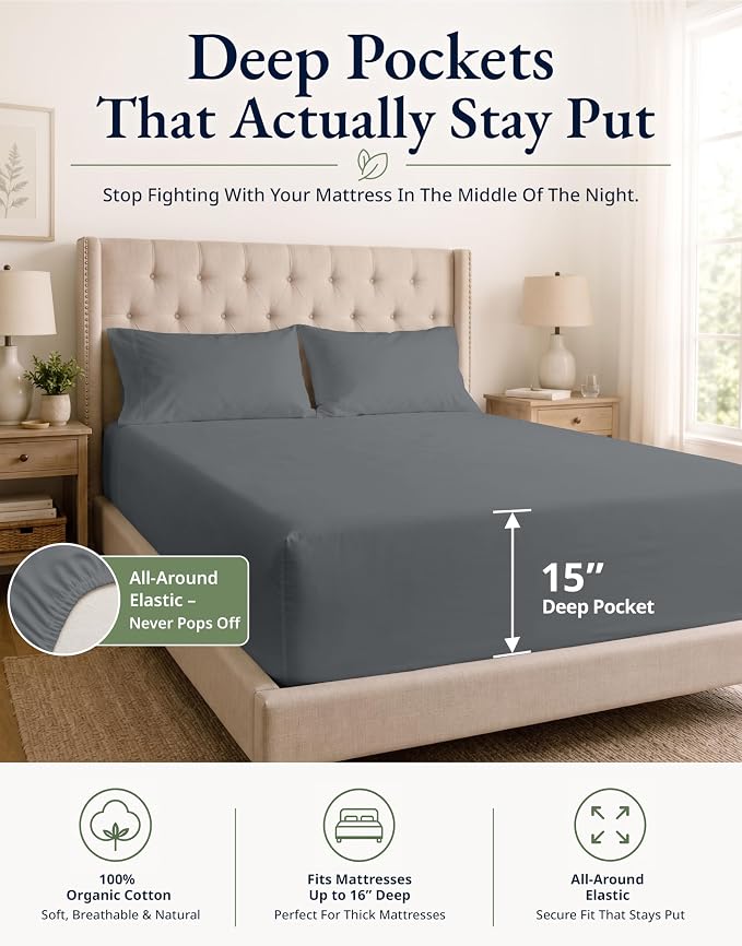 LANE LINEN 100% Organic Cotton Fitted Sheet Twin XL Size (No Flat Sheet) - Soft & Breathable Percale Weave Fitted Sheet Set For Added Comfort - 15''Deep Pocket For Snug Fit - GOTS Certified - Charcoal