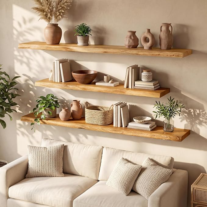 48" Live Edge Floating Shelf, Solid Elm Wood Wall Shelf | 1.4" Extra Thick, 9.3" Deep Heavy Duty Storage, Artisan Natural Finish for Kitchen, Coffee Bar & Living Room