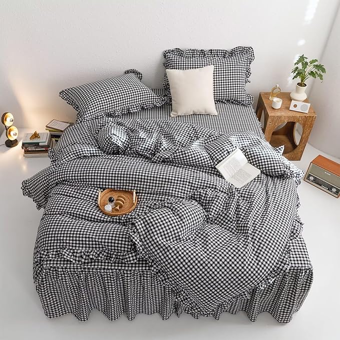 mixinni Black White Gingham Ruffle Duvet Cover Twin XL Size 3 Pieces – 100% Washed Cotton, Vintage Plaid Ruffled Bedding Set with Zipper Ties, Soft Checkered Grid Farmhouse Chic Comforter Cover Set