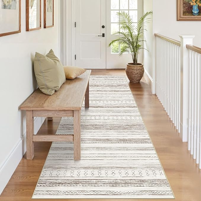 Tortania Area Rug 3x8 Runner Rugs - Washable Soft Neutral Boho Moroccan Farmhouse Rug Indoor Floor Carpet for Living Room Bedroom Kitchen Entryway Under Dining Table Home Office Decor - Cream Brown
