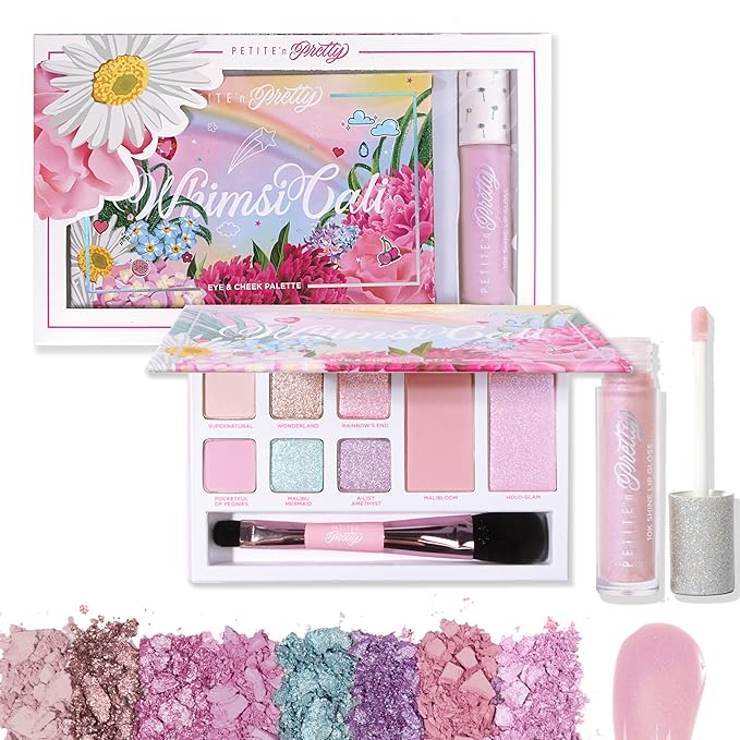 Petite 'N Pretty - WhimsiCali Eyeshadow & Cheek Makeup Palette and 10K Shine Lip Gloss Duo – Natural & Non-Toxic Face Makeup for Kids, Children, Tweens and Teens