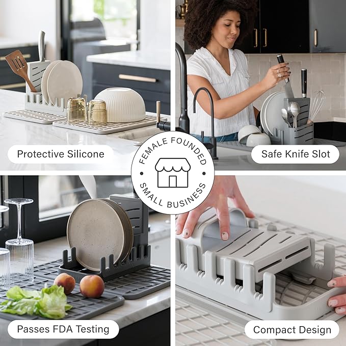 Dorai Home Collapsible Dish Drying Rack with Stone Dish Pad - Kitchen Counter Set with Diatomaceous Earth Stone Dish Mat for Quick Drying - Space-Saving Design - Large 24.6" x 16.5", Slate