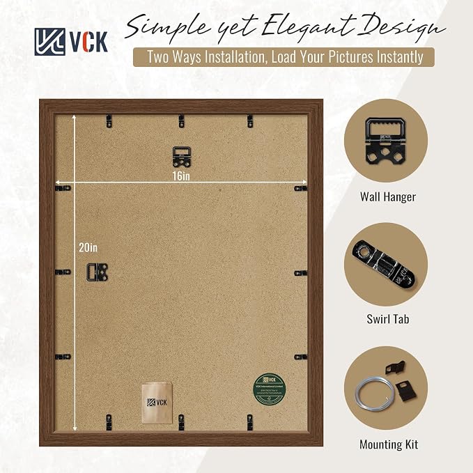 VCK 16x20 Picture Frames Brown 3 Pack, Wide Border Wood, Tempered Glass, Display 11x14 Photo with Mat or 16 x 20 without, for Home, Office, Gallery, Woodgrain Series, Wall Hanging