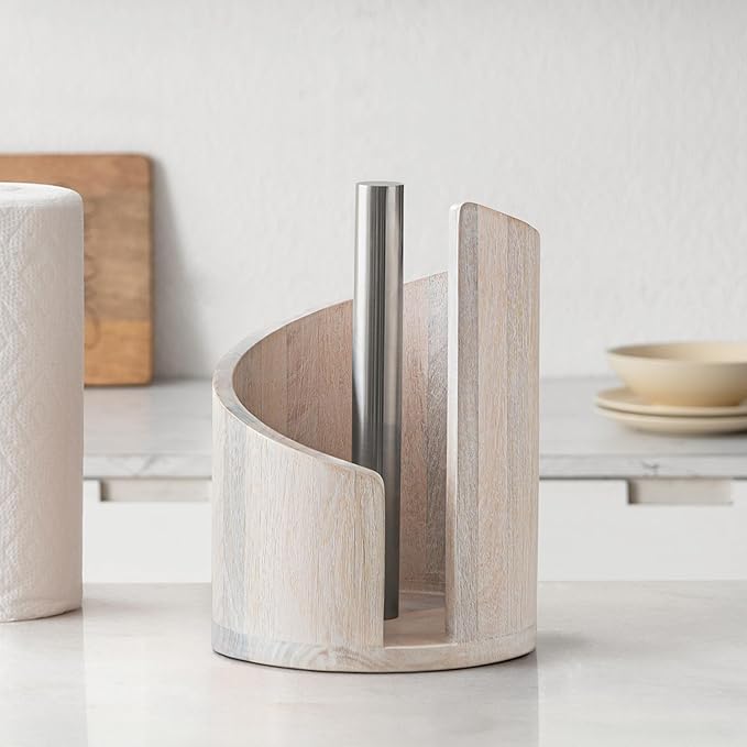 Anji Mountain Wooden Paper Towel Holder Countertop with Mango Wood Round Base and Iron Holder, Holder Stand for Kitchen Roll Organizer & Kitchen Dining Table Home Decor - Whitewash/Nickel, Classic