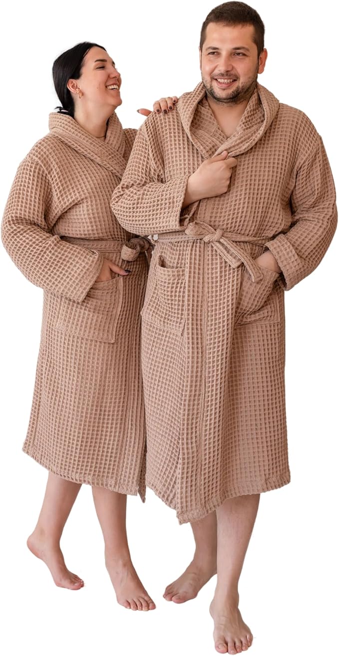 Unisex Hooded Waffle Robe for Women & Men 100% Turkish Cotton | Quick-Dry Bathrobe | Cozy Housecoat for Lounging
