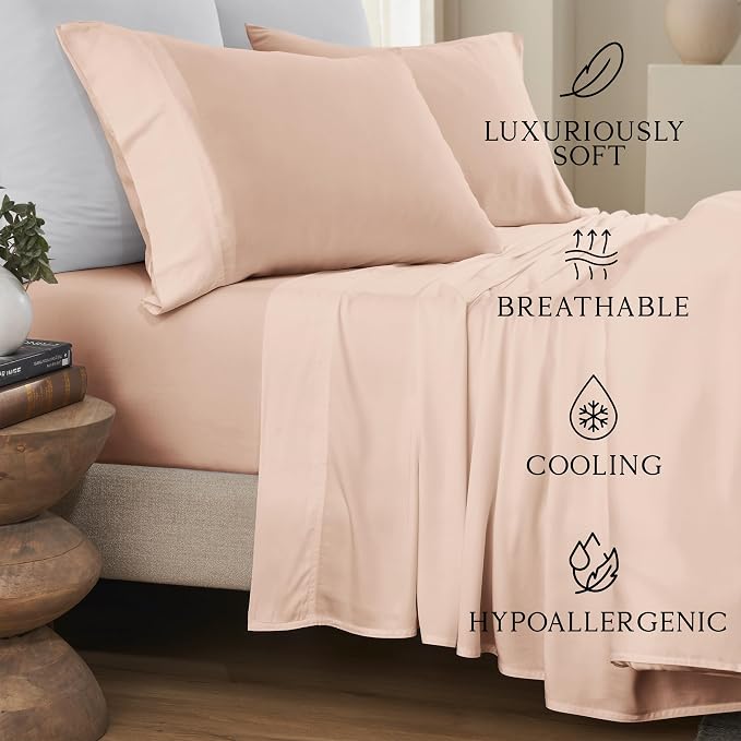 KARISSA MAE Pure Viscose from Bamboo Queen Size Pillowcase Set | 100% FSC Certified | Luxuriously Soft | Cooling | [Pink Peony]