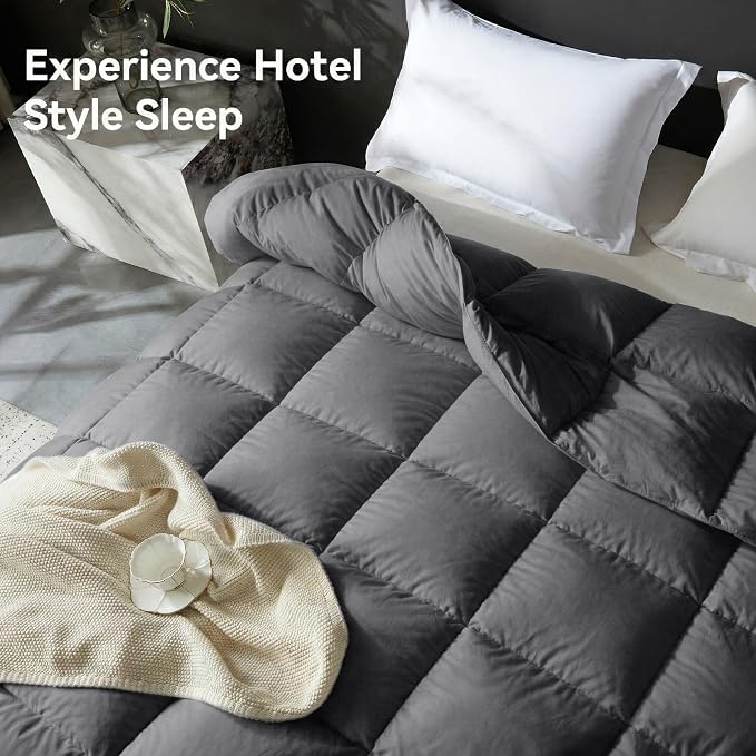 L LOVSOUL Goose Feather Down Fiber Comforter Twin Size, 100% Organic Cotton Fabric Duvet Insert,1200TC,750+Fill Power, Hotel Collection, Light Weight Grey Bedding Comforters with 8 Tabs