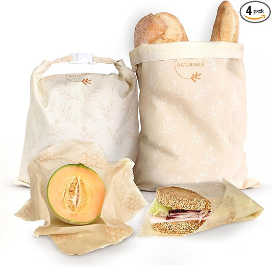 Beeswax Bread Bag for Homemade Bread & Beeswax Wrap Set, 2 XL Sourdough Bread Bags + 2 Beeswax Wraps for Food | Keep Bread Fresh, Breathable, Reusable & Less Waste Storage for Home Bakers (Beige) | Sourdough Bread Bags