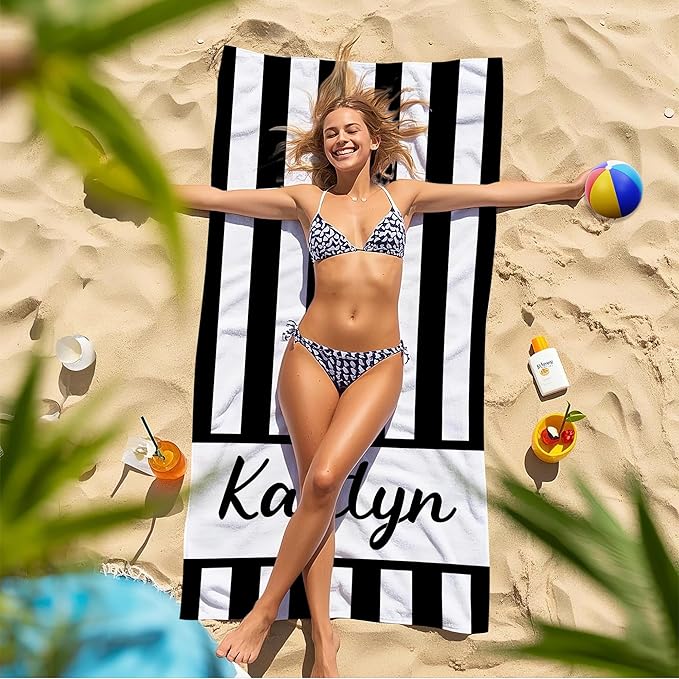JML Personalized Beach Towel with Name, Custom Cabana Stripe Beach Towel, Customized Microfiber Pool Towel, Quick Dry & Absorbent Swim Towel for Adult,Anniversary, Birthday, Summer Holiday,Vacation