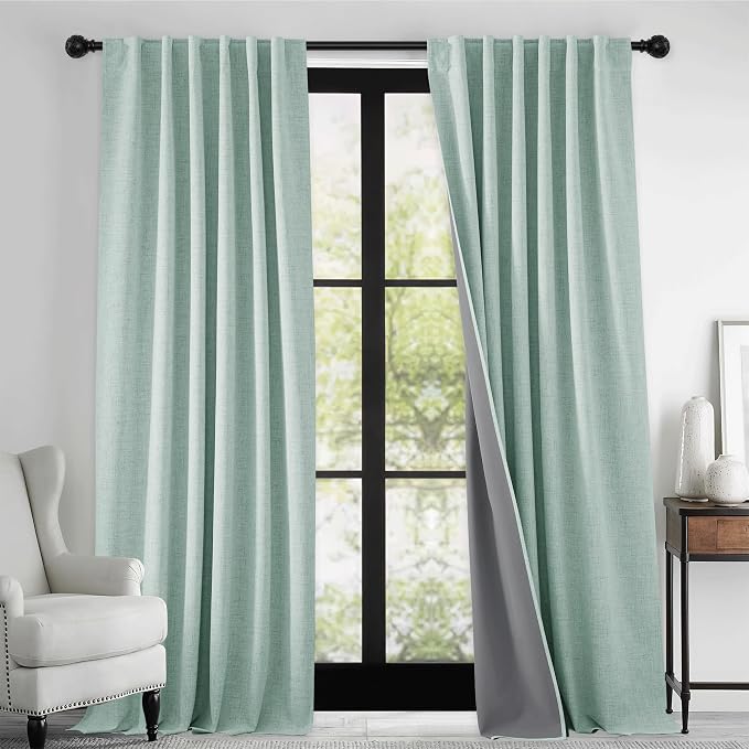 RYB HOME 100% Blackout Linen Textured Curtains 96 inches Long, Thermal Insulating Privacy Energy Saving for Bedroom Living Room Window Office Theater Baby Nursery, W 52 x L 96 in, Aqua, 2 Panels