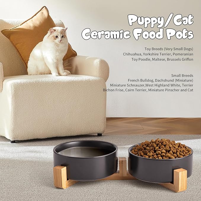 Mowtanco Black Ceramic Dog & Cat Bowl Set – 13.5 OZ with Wooden Stand, Non-Slip, Elevated Design for Small Dogs & Cats – 2 Bowls (Food & Water, Ceramic Pet Bowls, Modern Dog Bowls)