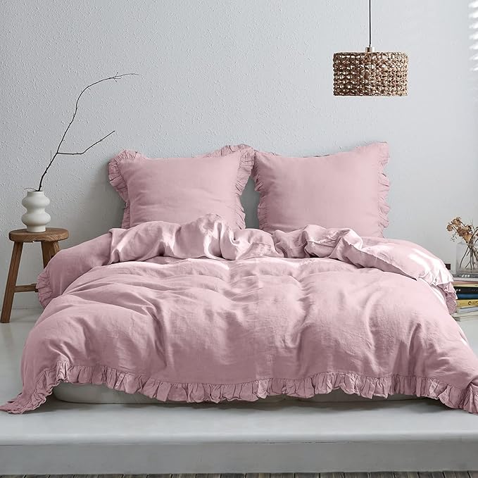 100% French Linen Euro Shams with Ruffles - Set of 2 - Washed Solid Color Natural Flax Soft Breathable Pillow Covers - Pink, 26'' x 26''