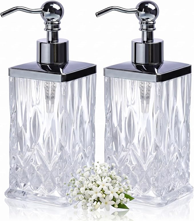 2 Pack 10 Oz Glass Soap Dispenser with Rust Proof Stainless Steel Pump,Clear Square Textured Refillable Hand Soap Dispenser with Vertical Fluting for Lotion,Hand Soap, Body Wash for Kitchen & Bathroom