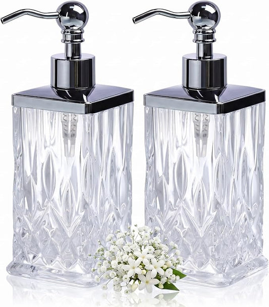 2 Pack 10 Oz Glass Soap Dispenser with Rust Proof Stainless Steel Pump,Clear Square Textured Refillable Hand Soap Dispenser with Vertical Fluting for Lotion,Hand Soap, Body Wash for Kitchen & Bathroom