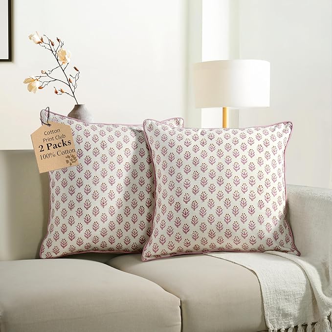 CPC Throw Piping Pillow Covers for Couch, 24x24 Inch Pillows for Living Room, 100% Cotton Boho Cute Outdoor Pillows, Flower Cushion Covers Gift for Spring, Easter - Cottage Mauve Bloom