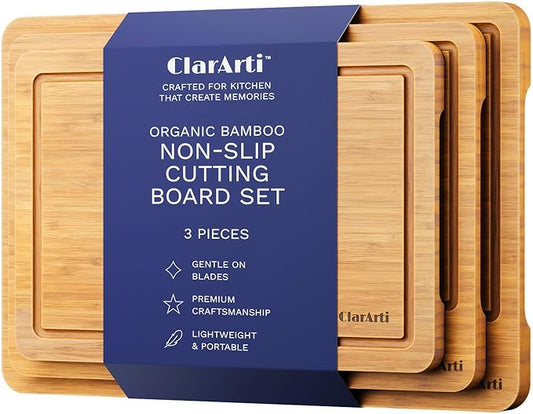 Bamboo Cutting Boards for Kitchen – Set of 3 Non-Slip Wood Cutting Boards with Juice Groove – Thick Organic Bamboo Chopping Board Set for Meat, Vegetables & Meal Prep