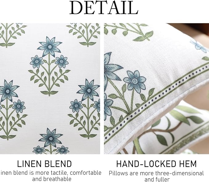 ISAENNE Design Fresh Linen Square Throw Pillow Covers 18"x18" Pack of 2, French White Cottage Cushion Covers with Blue Floral Branches Pattern Decor Pillowcases for Bed,Living Room,Outdoor,Car