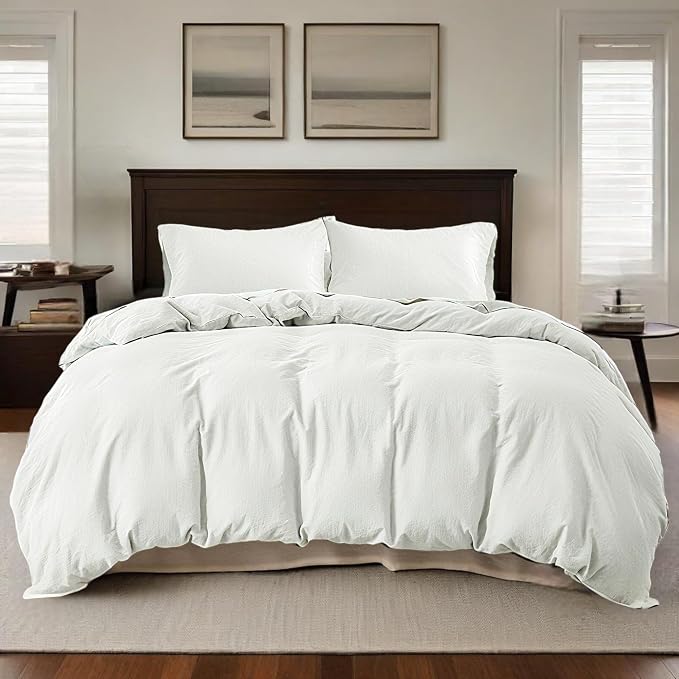 QKTE French Linen Duvet Cover Set, 3 PCS Natural French Flax White Duvet Cover Queen Size, Breathable Soft Comfy Linen Bedding Comforter Cover with 2 Pillowcases(White, 88" x 92")