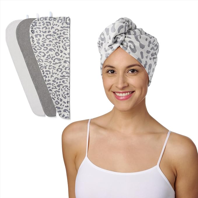 Turbie Twist 3-Pack Microfiber Hair Towel for Beauty, Travel, Gifting - Hair Wrap Turban for Straight, Wavy & Curly Hair - Premium Personal Care - Snow Leopard
