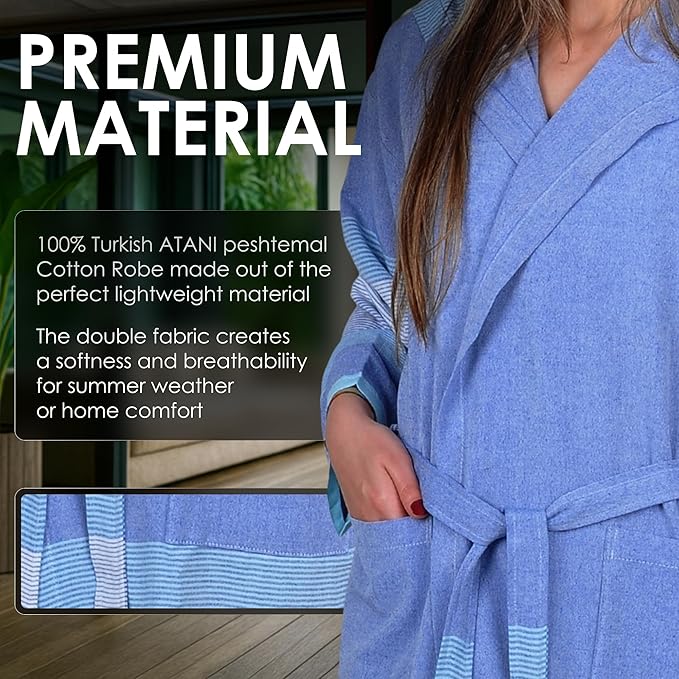 ATANI 100% Turkish Cotton Bathrobe S-XXL for Women & Men – Peshtemal Style Soft Cozy Lounge Robe, Absorbent & Lightweight