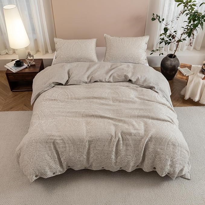 EVERLY 100% Pure Linen Duvet Cover Set Queen Size90X90Inch 3pcs (1 Duvet Cover,2 Pillowcases) Soft and Breathable for All Season with Coconut Button Closure, Suitable for Hot Sleepers-Linen-Queen