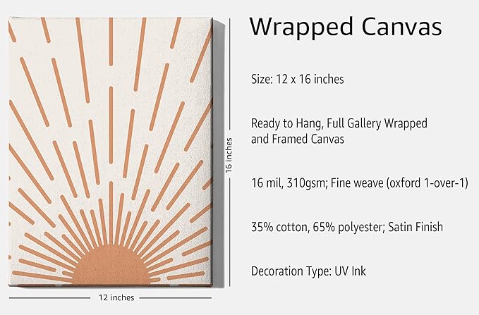 Minimalist Sunburst Wrapped Canvas Wall Art Abstract Geometric Arch Earth Tones Terracotta Mid Century Modern 12x16 Inch Gallery Stretched Modern Home Art Decor