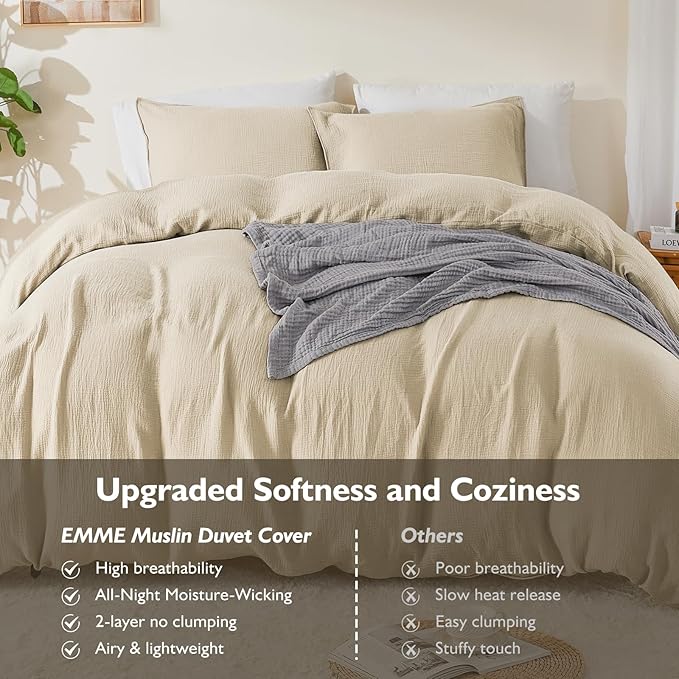 EMME Muslin Cotton Duvet Cover Set King Size Linen Like Soft Breathable Lightweight Summer Comforter Cover Set with Zipper Closure (King, 104"x90")