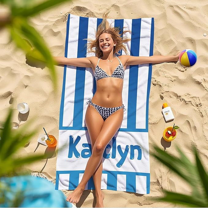 JML Personalized Beach Towel with Name, Custom Cabana Stripe Beach Towel, Customized Microfiber Pool Towel, Quick Dry & Absorbent Swim Towel for Adult,Mother's Day, Birthday, Summer Holiday,Vacation