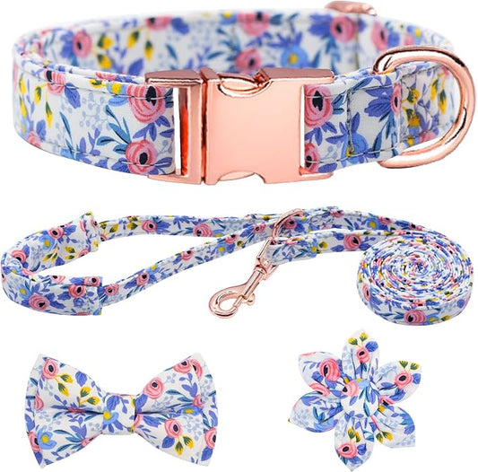 Dog Collar and Leash Set Girls Adjustable Puppy Collars with Floral Bow Tie for Small Medium Large Female Dogs, Blue Flower, M