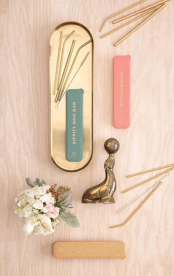 DesignWorks Ink Reusable Stainless Steel Straws with Case - Includes 2-Bendy Straws, 2-Smoothie Straws 4-Metal Straws, 2-Straw Cleaner Brushes in Green "Sippity Doo Dah" Straw Holder Travel Case