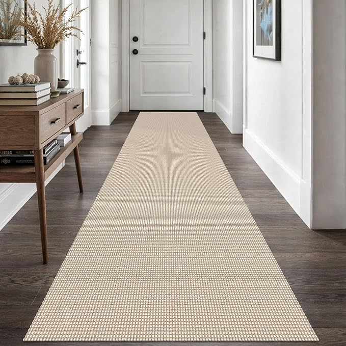 EARTHALL Woven Runner Rug 2.6x10 Ft Washable Runners for Hallways Long Non Slip Rubber Backed Kitchen Runner Braided Indoor Floor Carpet Runners for Entryway, Hallway, Kitchen, Beige/Ivory