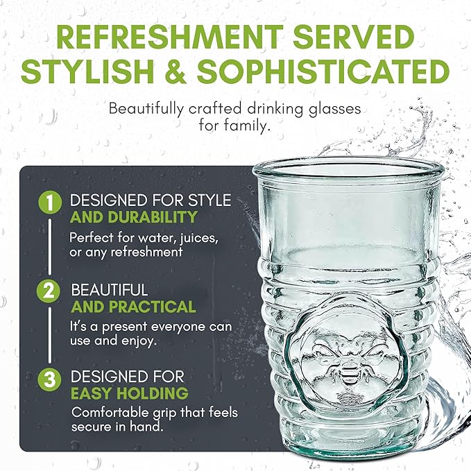 COURONNE CO. Clear Recycled Drinking Glass Tumbler, Perfect for Cocktails, Refreshments & Everyday Use, Restaurant Grade, Crafted without lead-based materials (11.2 Oz, Bee), Pack of 6