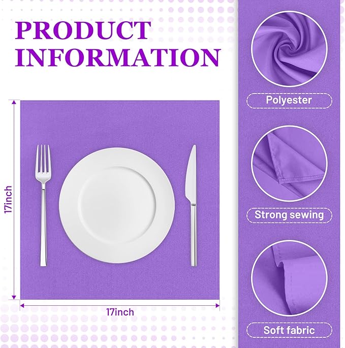 SuperO Set of 120 Cloth Napkins 17 x 17 Inch, Polyester Solid Washable Dinner Napkins with Hemmed Edges,Great for Restaurant, Wedding and Party(Purple)