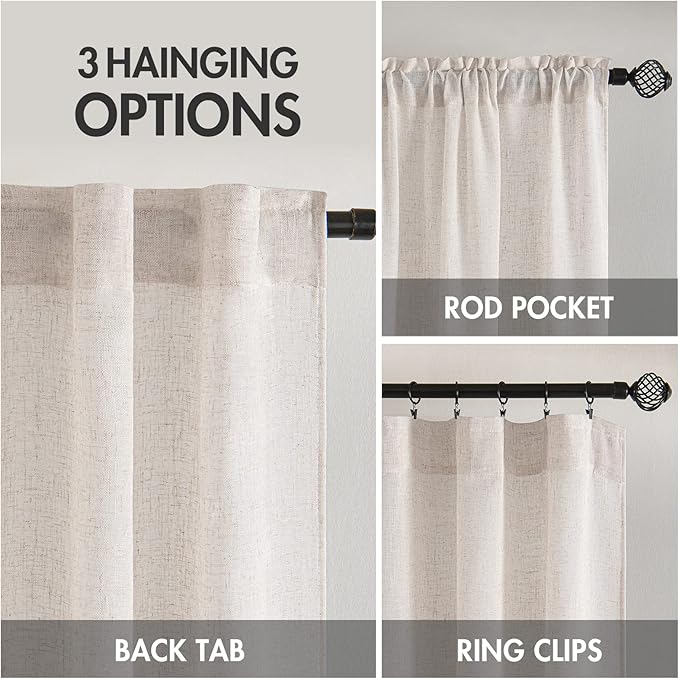 MIULEE White Linen Curtains 63 Inch Length 2 Panels for Bedroom Living Room, Soft Thick Linen Textured Natural Kitchen Window Drapes Semi Sheer Light Filtering Back Tab Rod Pocket Burlap Look Decor