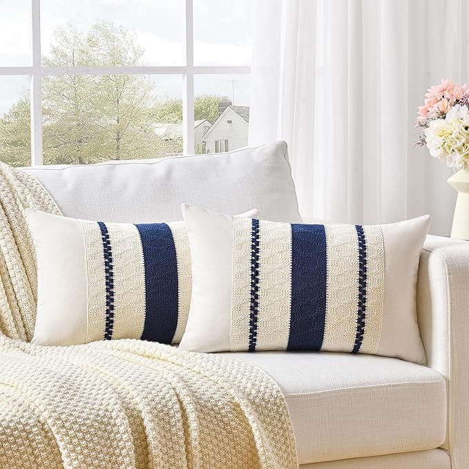 Fancy Homi Set of 1 Navy Blue Lumbar Decorative Throw Pillow Covers 14x24 Inch for Couch Bed Sofa Living Room, Aesthetic Modern Organic Farmhouse Home Decor, Soft Cotton Woven Textured Cushion Case