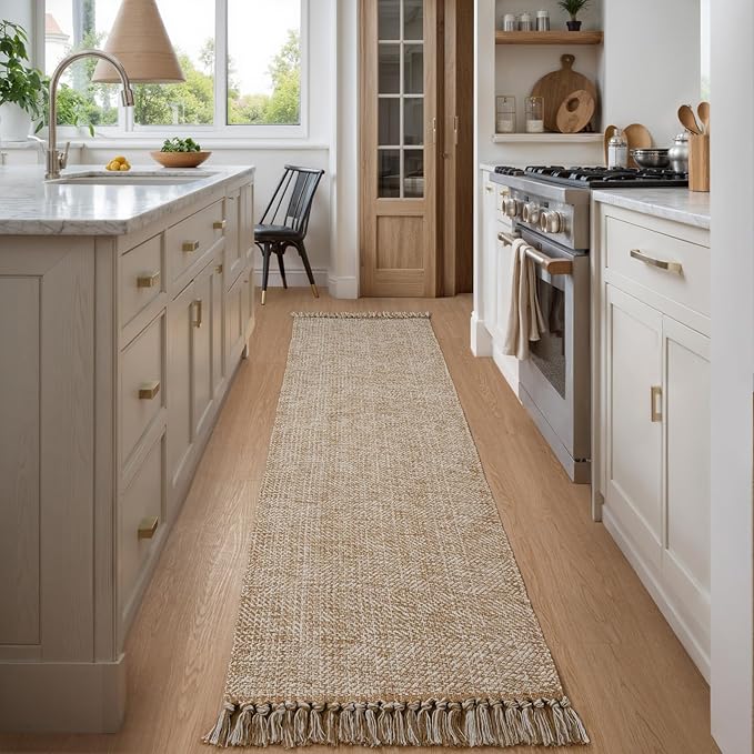 Collive Long Hallway Runner Rug 2x8, Boho Washable Runners Indoor Entryway Rugs Tan Cotton Woven Kitchen Runner Carpet, Farmhouse Low Profile Front Door Mats for Bedside Laundry Room Doorway
