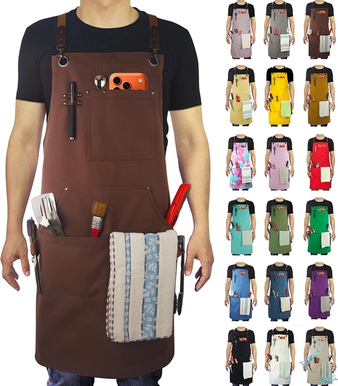 Kitchen Apron, Work Apron, Canvas Apron, Brown | Multiple Pockets, Gardening, Painting, BBQ, Carpenter, Sizes M to XXL