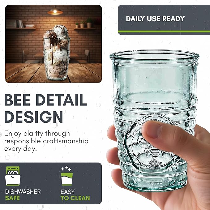 COURONNE CO. Clear Recycled Drinking Glass Tumbler, Perfect for Cocktails, Refreshments & Everyday Use, Restaurant Grade, Crafted without lead-based materials (11.2 Oz, Bee), Pack of 6