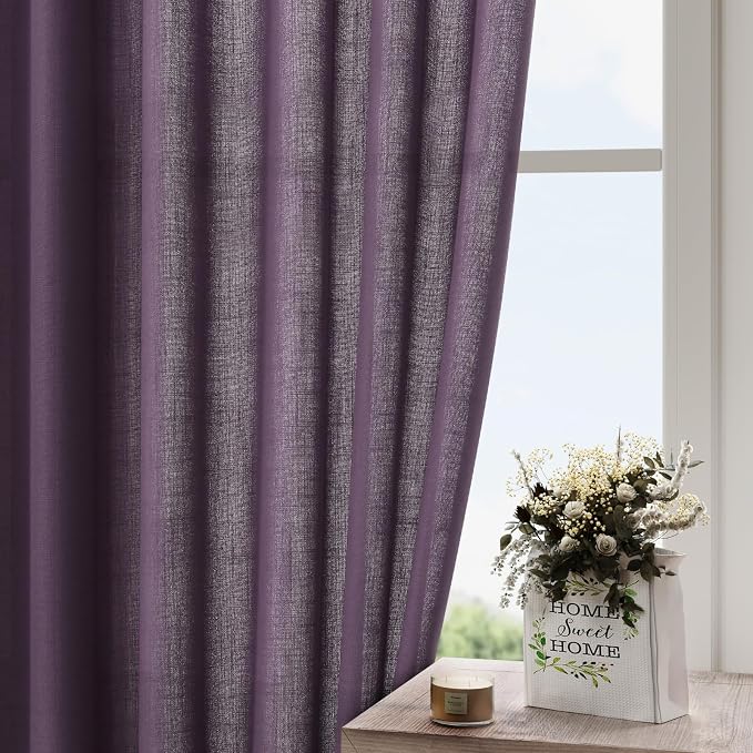 Plum Linen Curtains 108 Inches Long for Living Room 2 Panels Set Extra Long Back Tab Curtain Semi Sheer Light Filtering Plum Drapes Floor to Ceiling Curtains for Large Windows 52x108