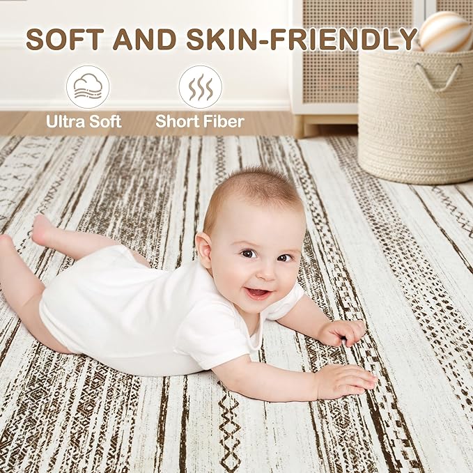 Tortania Area Rug Living Room Rugs - 7x9 Washable Large Soft Neutral Boho Moroccan Bohemian Farmhouse Rug Indoor Floor Carpet for Bedroom Under Dining Table Home Office Decor - Beige