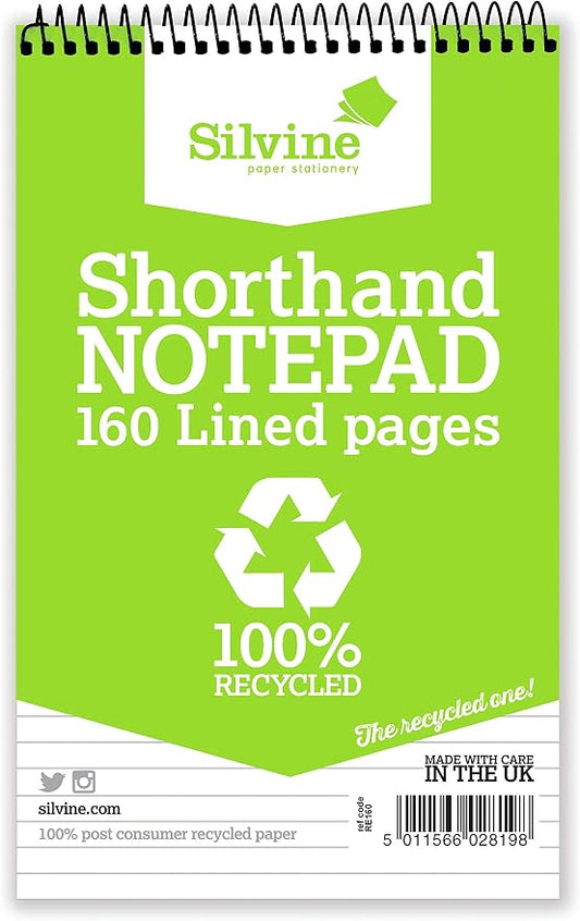 Silvine 160 Page 8x5" Shorthand Recycled Notebook, Ruled 8mm Feint [Pack of 12]