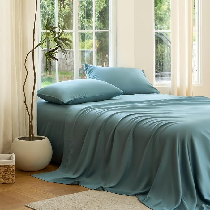 DOZ Sheet Set, 100% Viscose derived from Bamboo, Organically Grown, Buttery Soft, Cooling Sheets, High GSM, Deep Pockets - 2 Piece - 1 Pillowcase 1 Fitted Sheet (Teal, Twin)