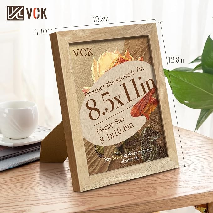 VCK 8.5 by 11 Picture Frame Set of 3, Natural Solid Wood Beige Frame with Exclusive Wood Grain, Tabletop Display & Wall Mounting for Home Deco