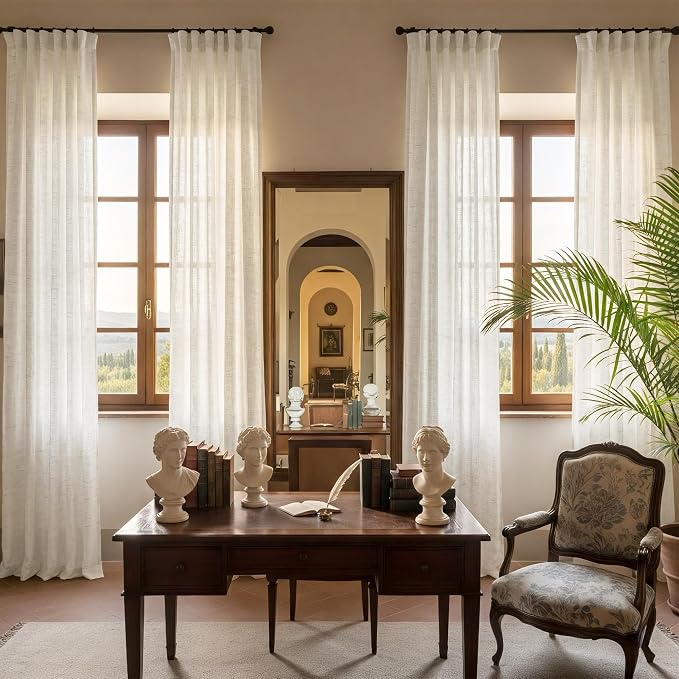 NICETOWN Linen Burlap Semi Sheer 144 inch Extra Long Curtains for Living Room, Rod Pocket & Back Tab Privacy Drapes Light Filtering Window Treatments for Villa, W52 x L144, 2 Panels