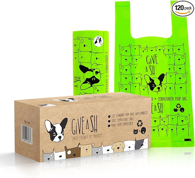 Certified Home Compostable Dog Poop Bags with Handles - 10% to Charity - ASTM D6400 & EN 13432 Compliant - 120 x Large Plant Based Compostable Poop Bags (1 Pantry Roll)