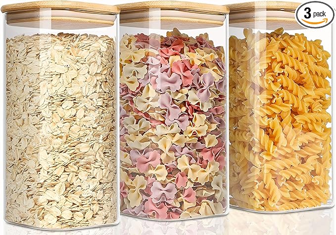 VIEWELLD 1.6 Qt Square Glass Storage Containers with Lids, Clear Food Storage Container Jar with Sealing Bamboo Lid for Noodles Flour Cereal Rice Sugar Tea Coffee Beans,Square Set of 3