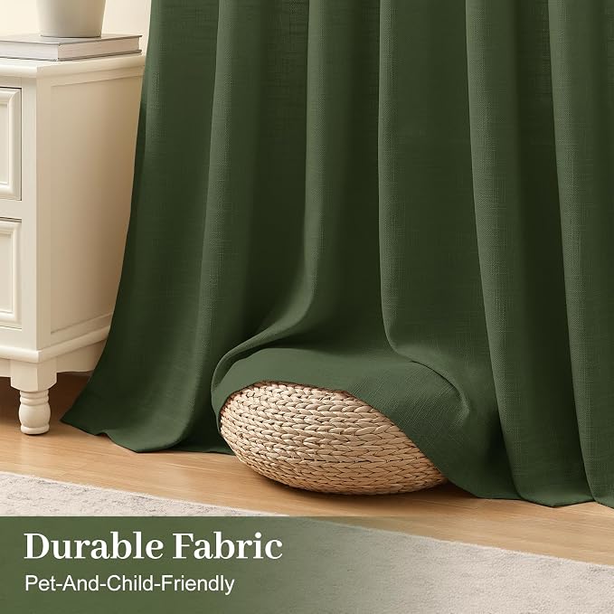 IVAPUPU Pinch Pleated Curtains 90 Inch Length 2 Panels for Living Room, Light Filtering Linen Blend Semi Sheer Pleated Curtain with Rings Modern Back Tab Drapes for Bedroom Office, 40x90, Olive Green