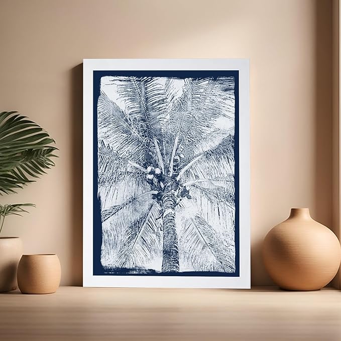 Monem Art Coastal Palm Tree Cyanotype Print - Blue and White Tropical Botanical Art Poster - Wall Decor for Beach House, Bedroom or Living Room - 16x20 White Framed Wall Art by Renee Stramel