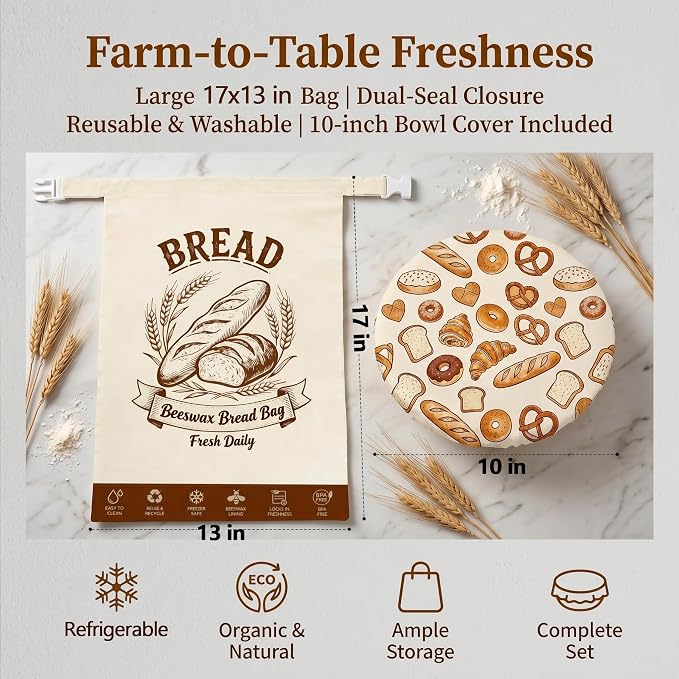 Beeswax Bread Bags for Sourdough 2 Pack 17x13 - FDA Compliant Reusable | Double-Seal Lock, Replaces Plastic Wrap, Zero Waste, for Artisan Boules, Baguettes, Homemade Loaves & Proofing Cover Included